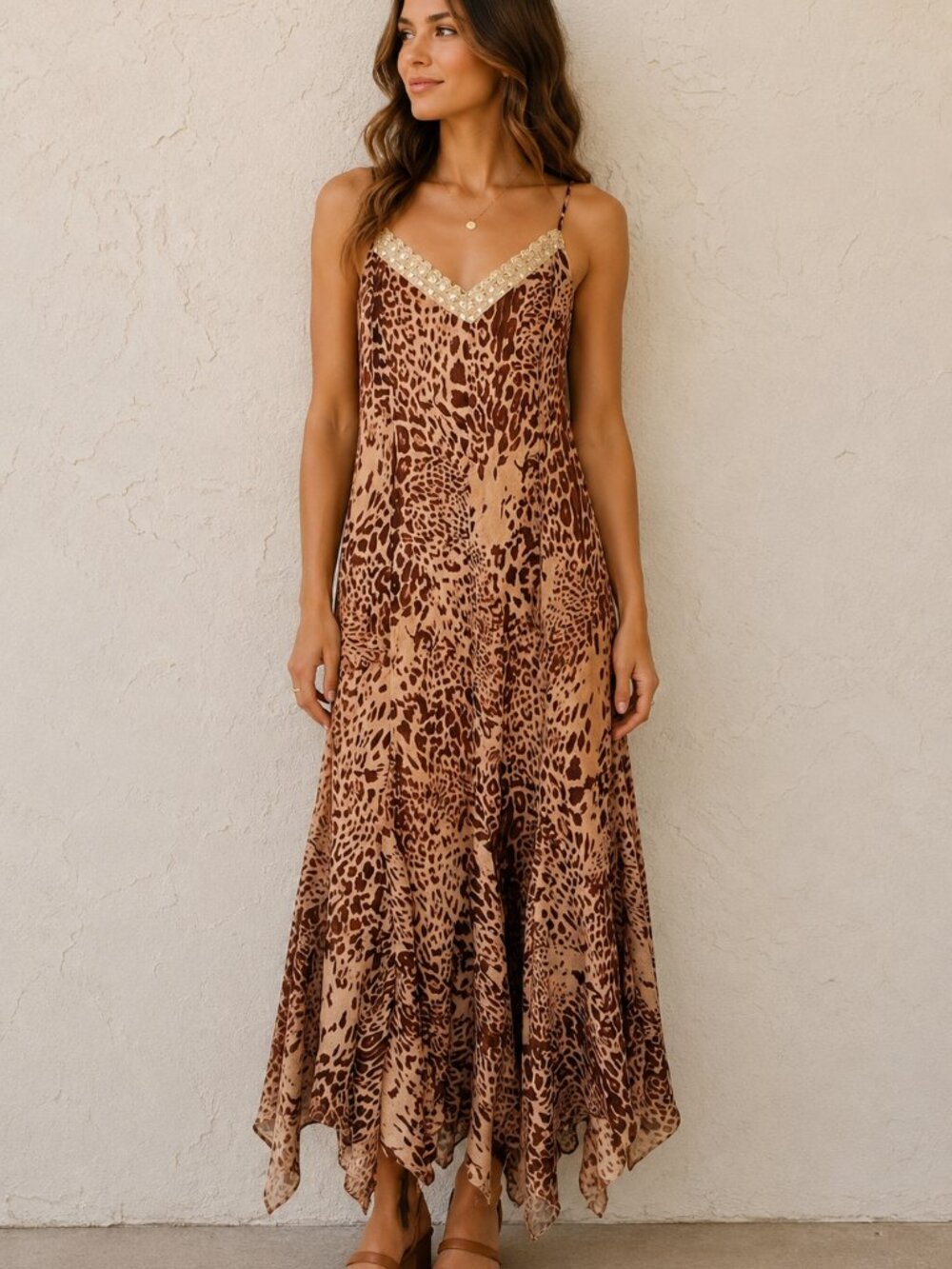 Leopard Print Crochet V Neck Maxi Dress Handkerchief Hem Y2K Glam Together NWT 6